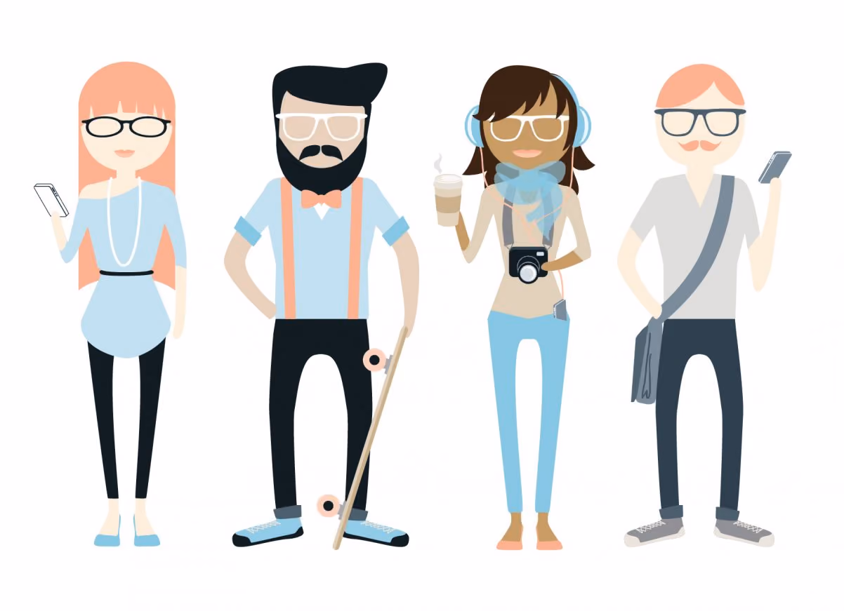 Cuatro personas hipster con estilo diverso, dispositivos y accesorios