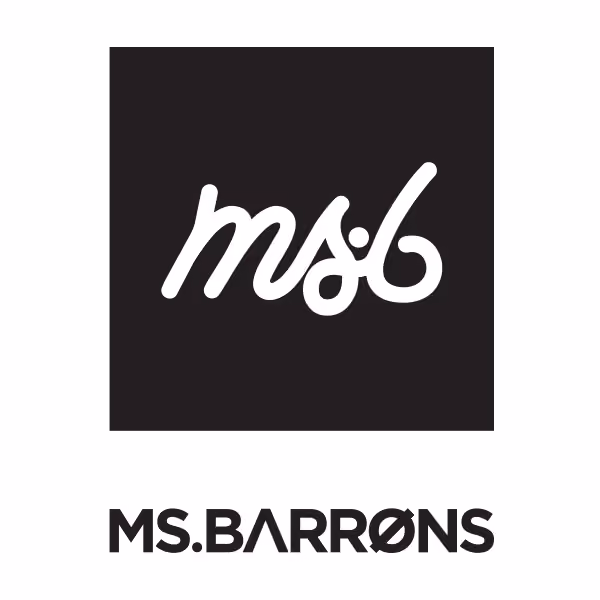 Logotipo en blanco y negro de Ms. Barrons con diseño de marca minimalista