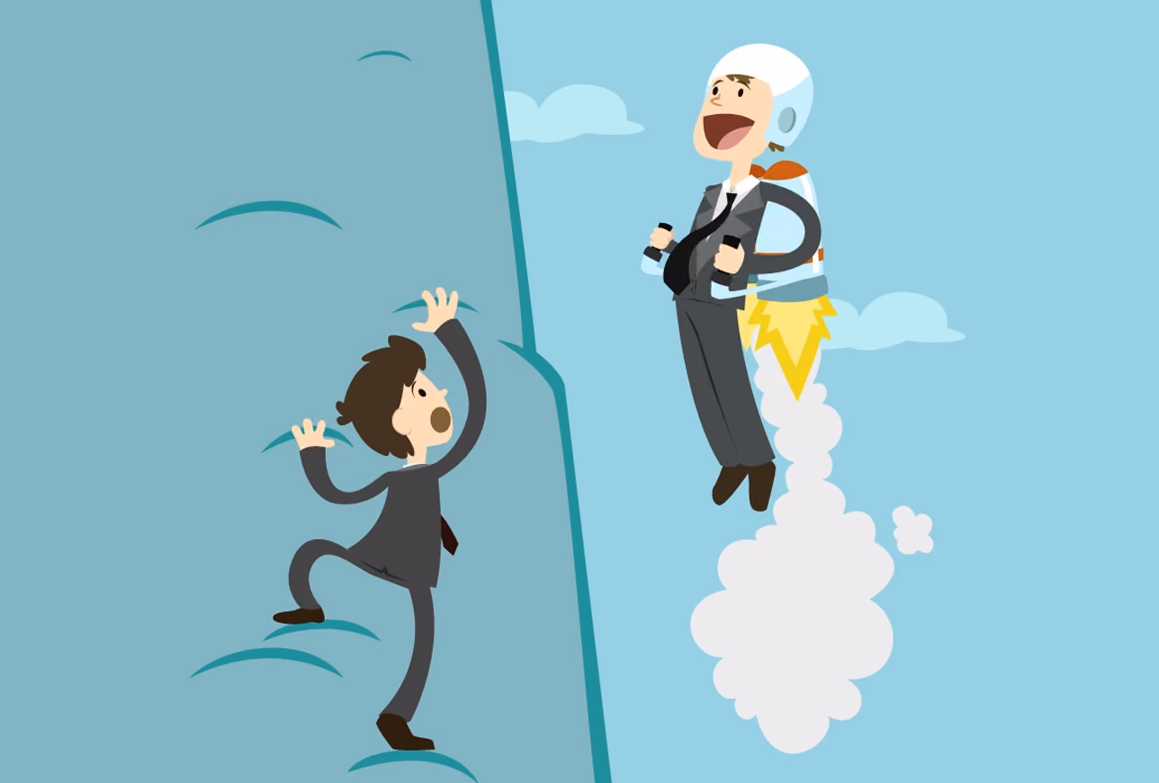 Empresario con jetpack despega mientras otro observa asombrado