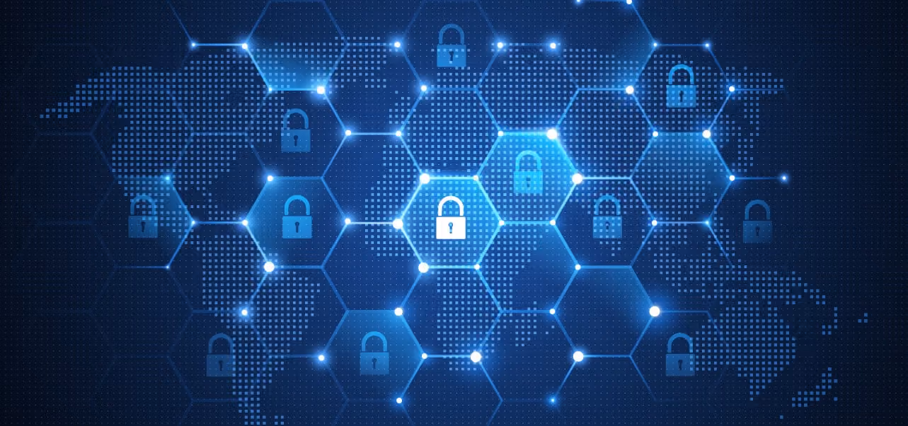 Red de seguridad digital con candados hexagonales azules brillantes