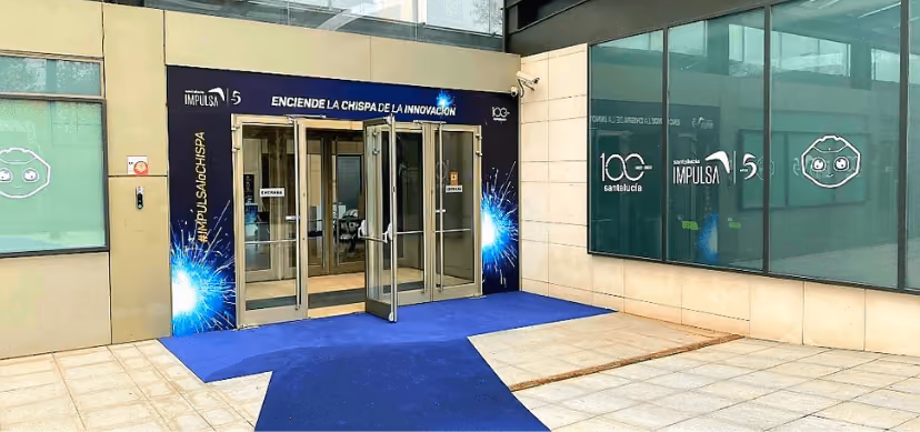 Building entrance with blue carpet and innovative spark effects