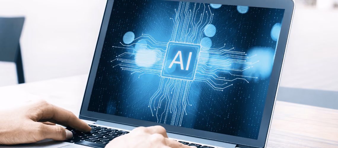 Portátil con chip de inteligencia artificial brillante en pantalla azul