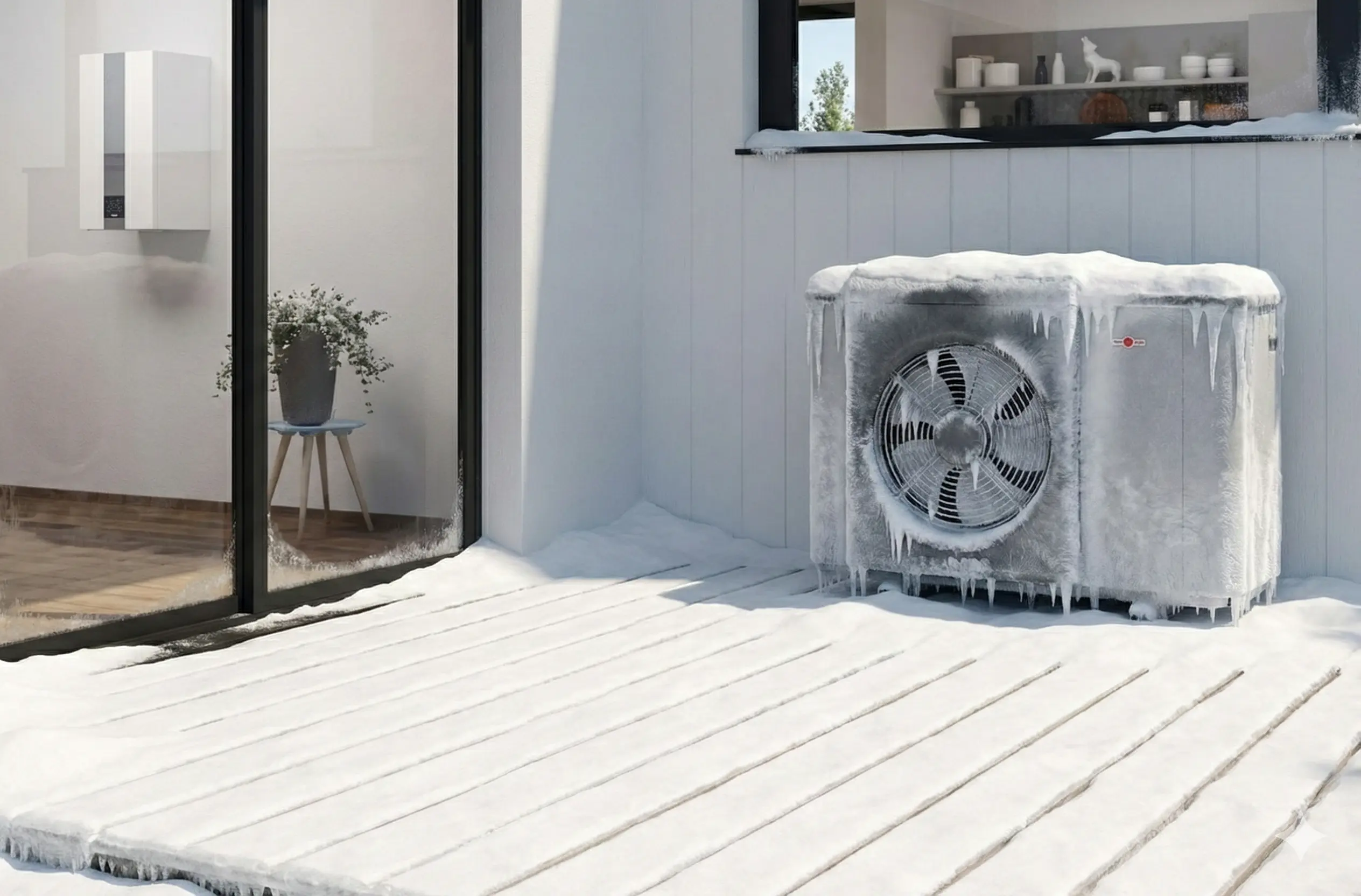KI Bild einer vereisten CHA-07/10 Monoblock Wärmepumpe von der Firma Wolf