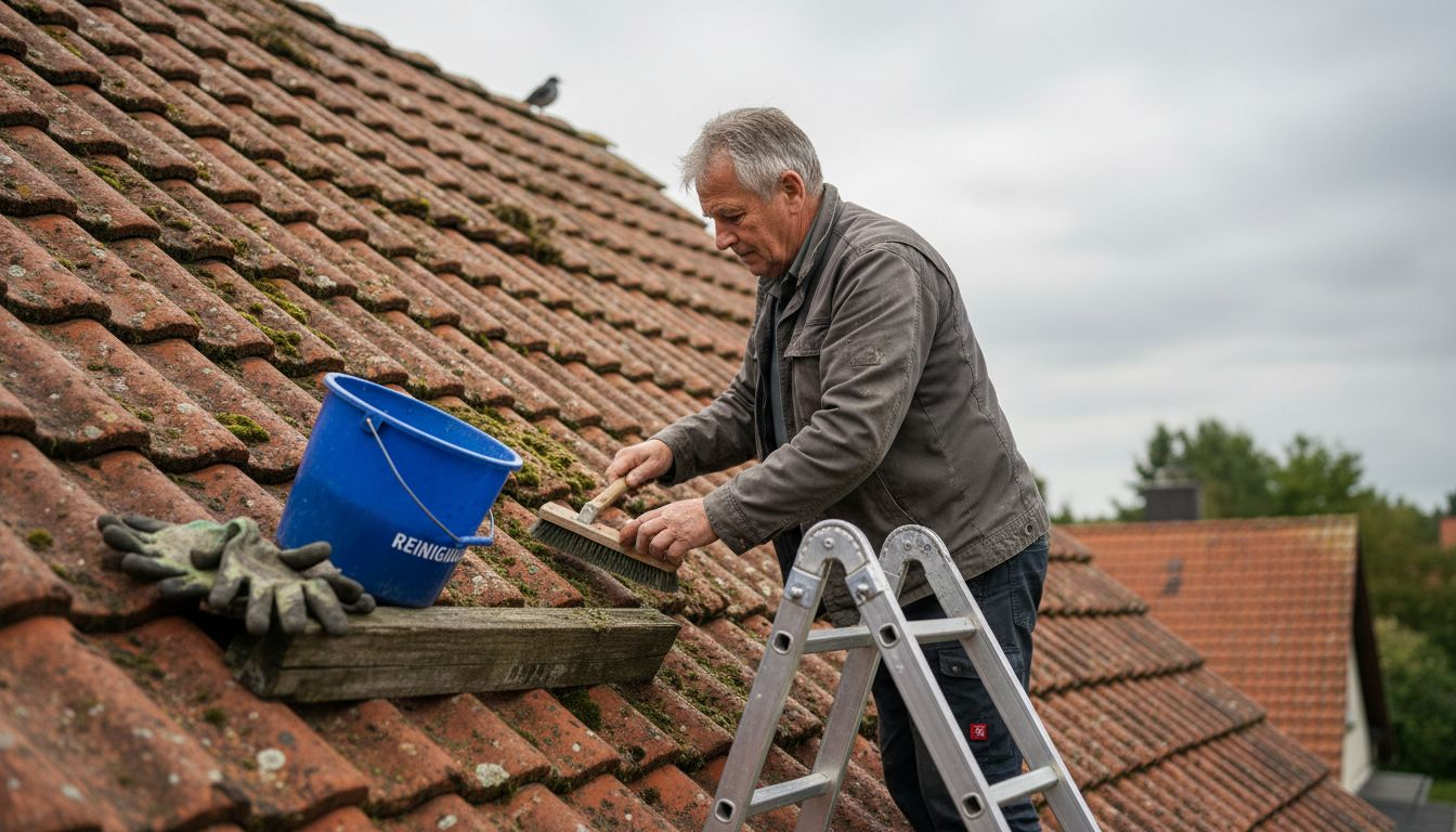 Ein Hausbesitzer sorgt dafür, dass sein Dach vom lästigen Moos befreit wird.