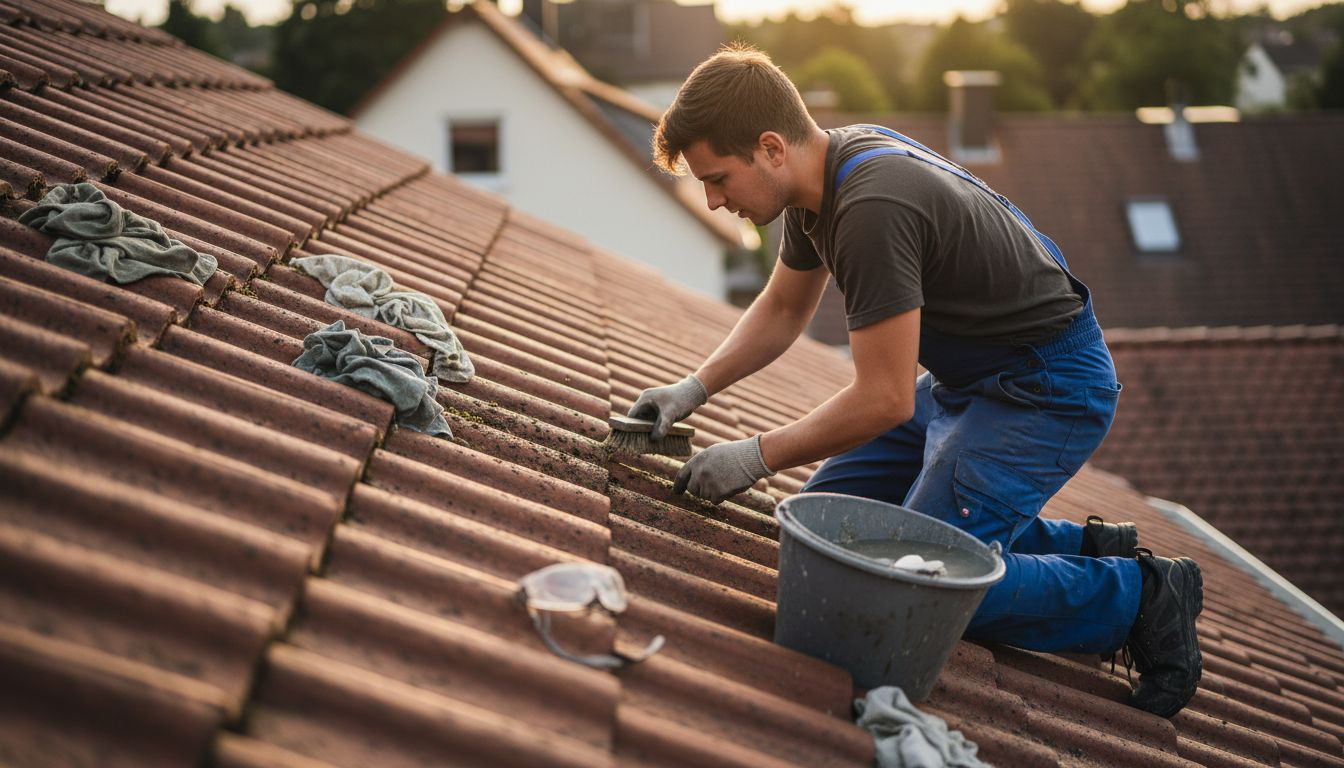 Bevor die Dachziegel imprägniert werden, sorgt der Handwerker für eine gründliche Reinigung, damit sie optimal vorbereitet sind.