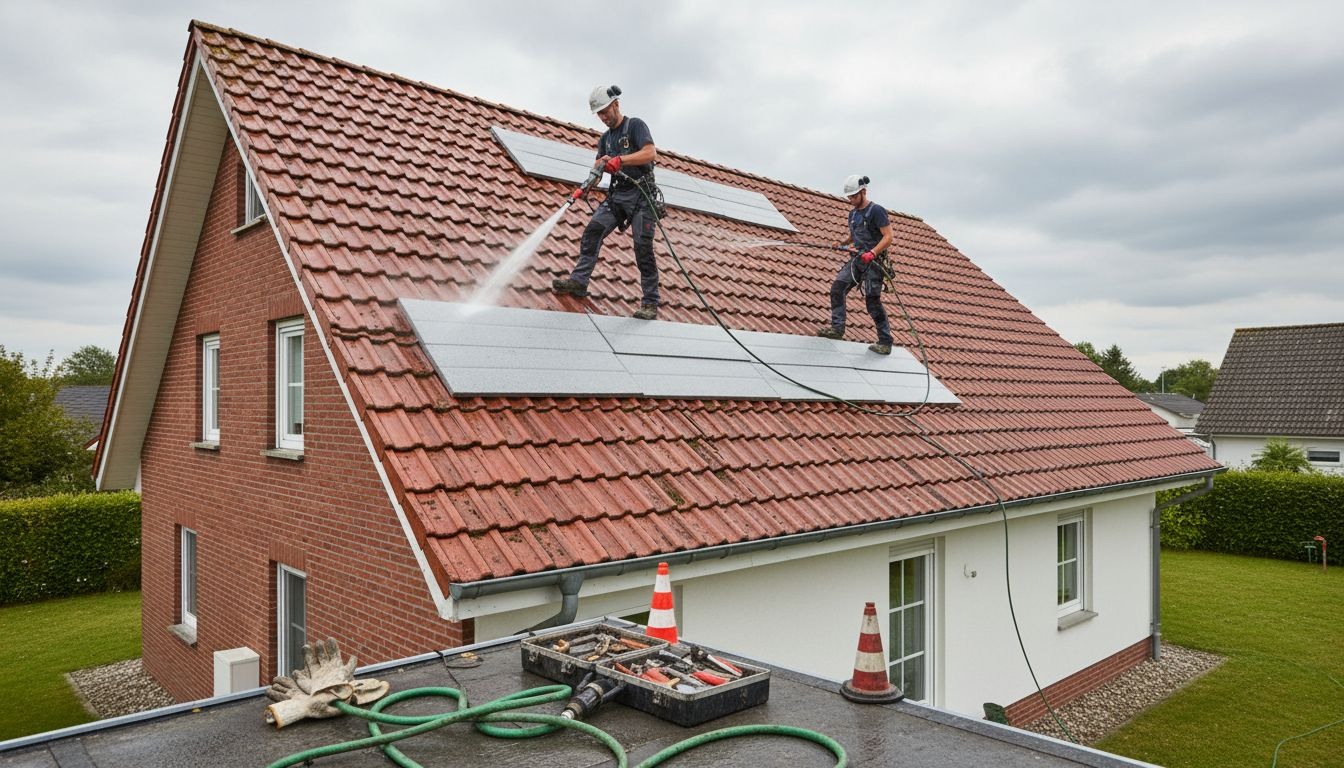Professionelle Handwerker säubern das Dach gründlich mit einem Hochdruckreiniger.