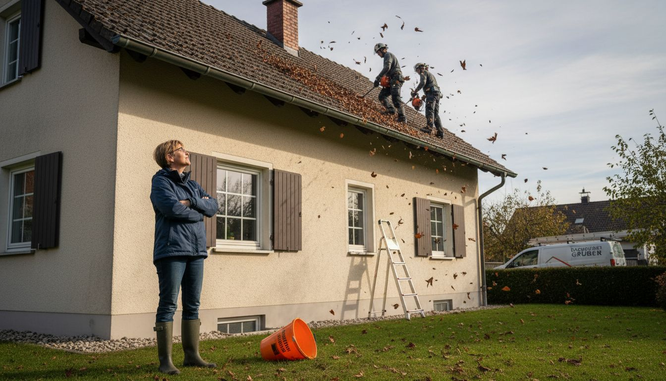 Eine Hauseigentümerin schaut den Handwerkern bei der Dachreinigung zu.