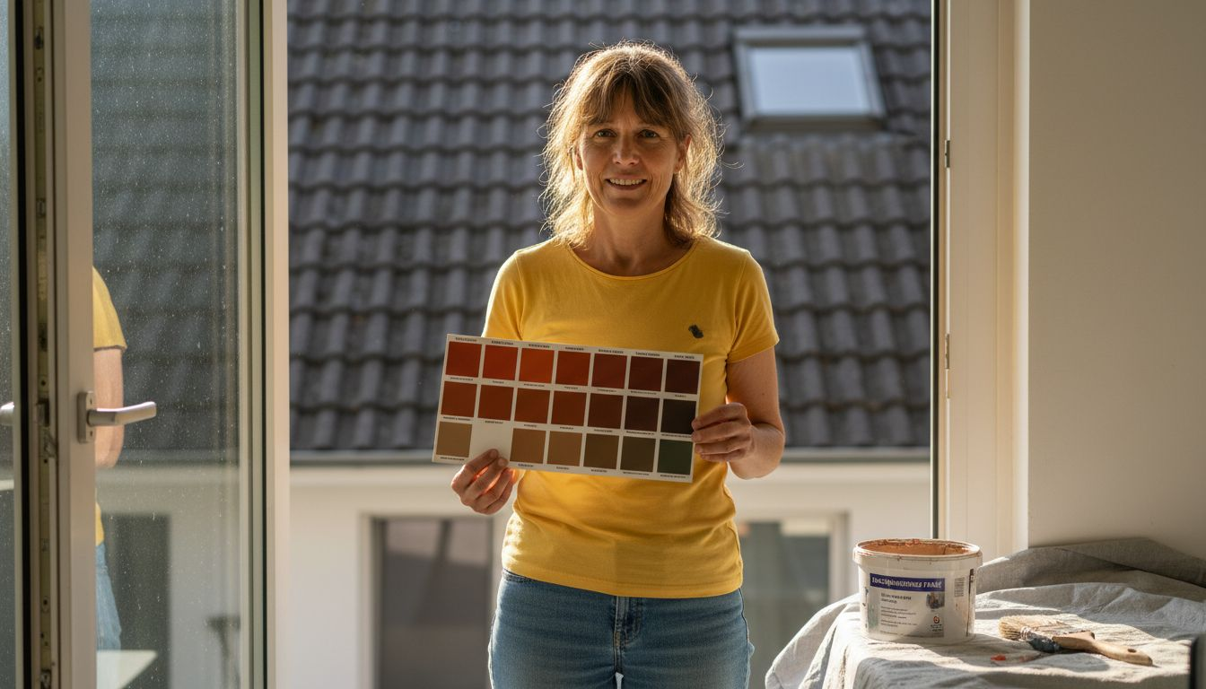 Eine Frau hält verschiedene Farbmuster an das Dach ihres Hauses, um die passende Farbe auszuwählen.