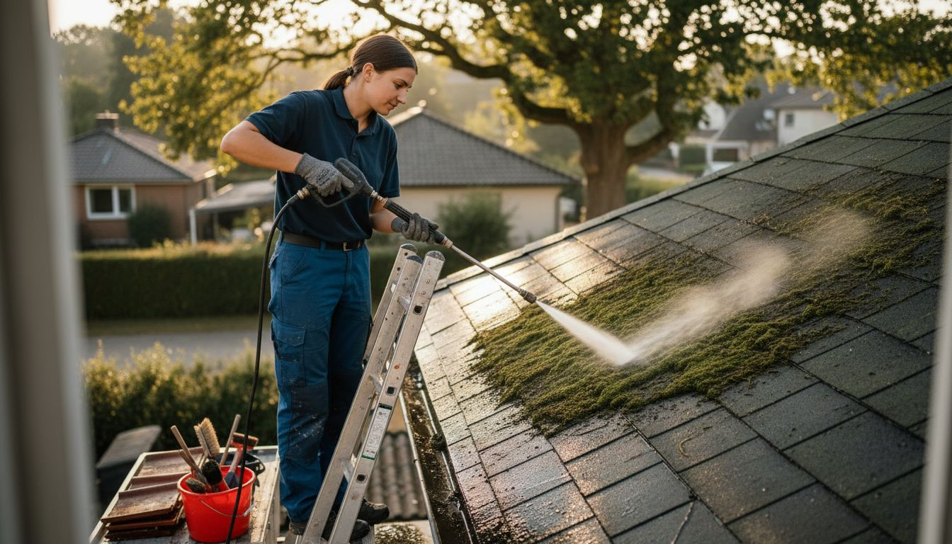 Eine Dachdeckerin säubert ein in die Jahre gekommenes Dach mit ihrem Handwerkszeug.