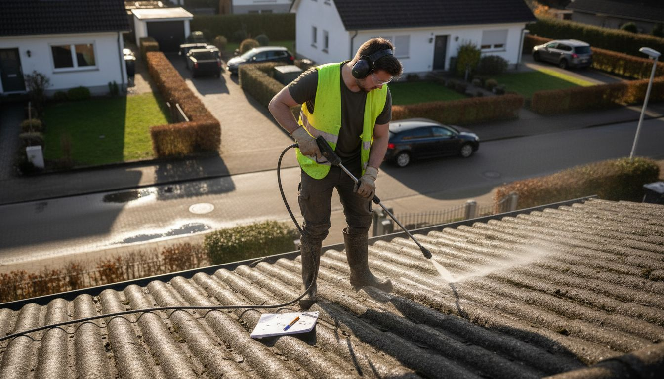 Ein erfahrener Handwerker sorgt dafür, dass das verschmutzte Betondach wieder richtig sauber wird.