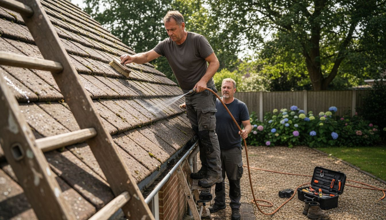 Zwei Handwerker reinigen behutsam das Dach eines Wohnhauses.