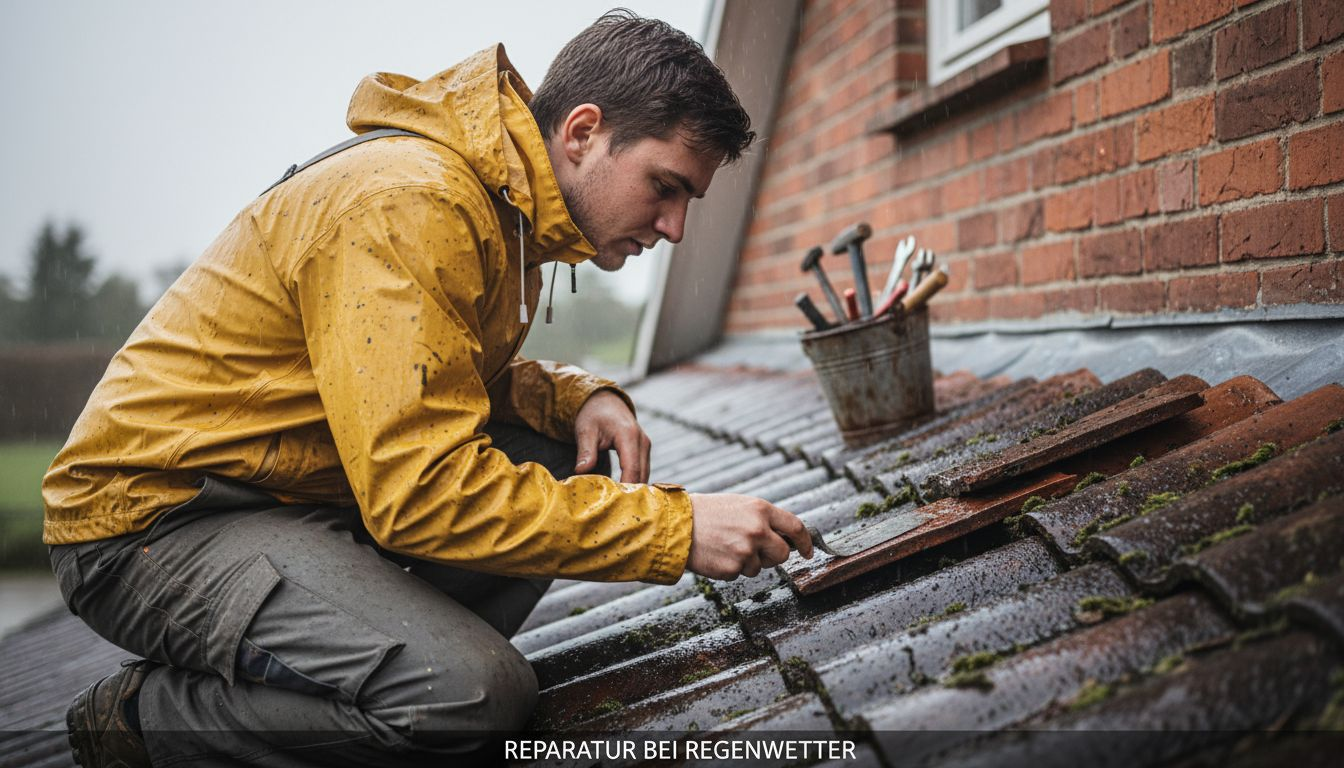 Ein Handwerker entdeckt Feuchtigkeitsschäden am Dachziegel.