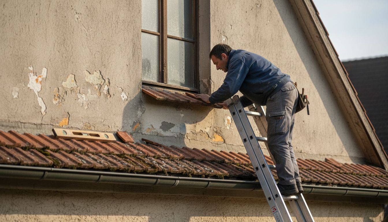 Bevor das Dach beschichtet wird, überprüft der Dachdecker sorgfältig die Ziegel auf Schäden.