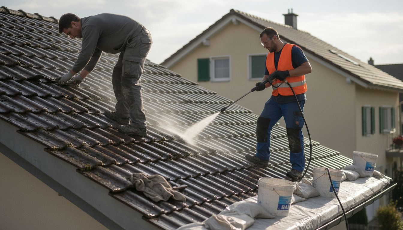 Zwei Fachkräfte entfernen Moos vom Hausdach.