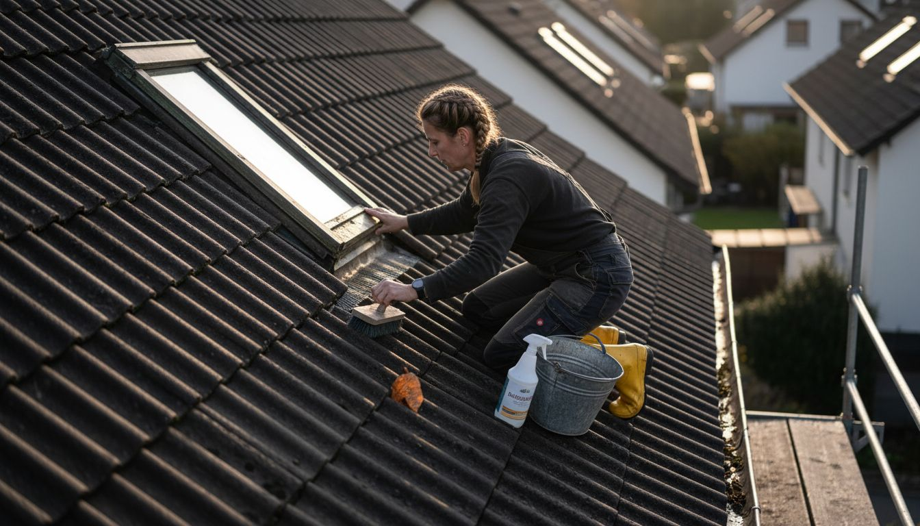 Eine Frau putzt mit viel Sorgfalt die Ziegel auf dem Dach.