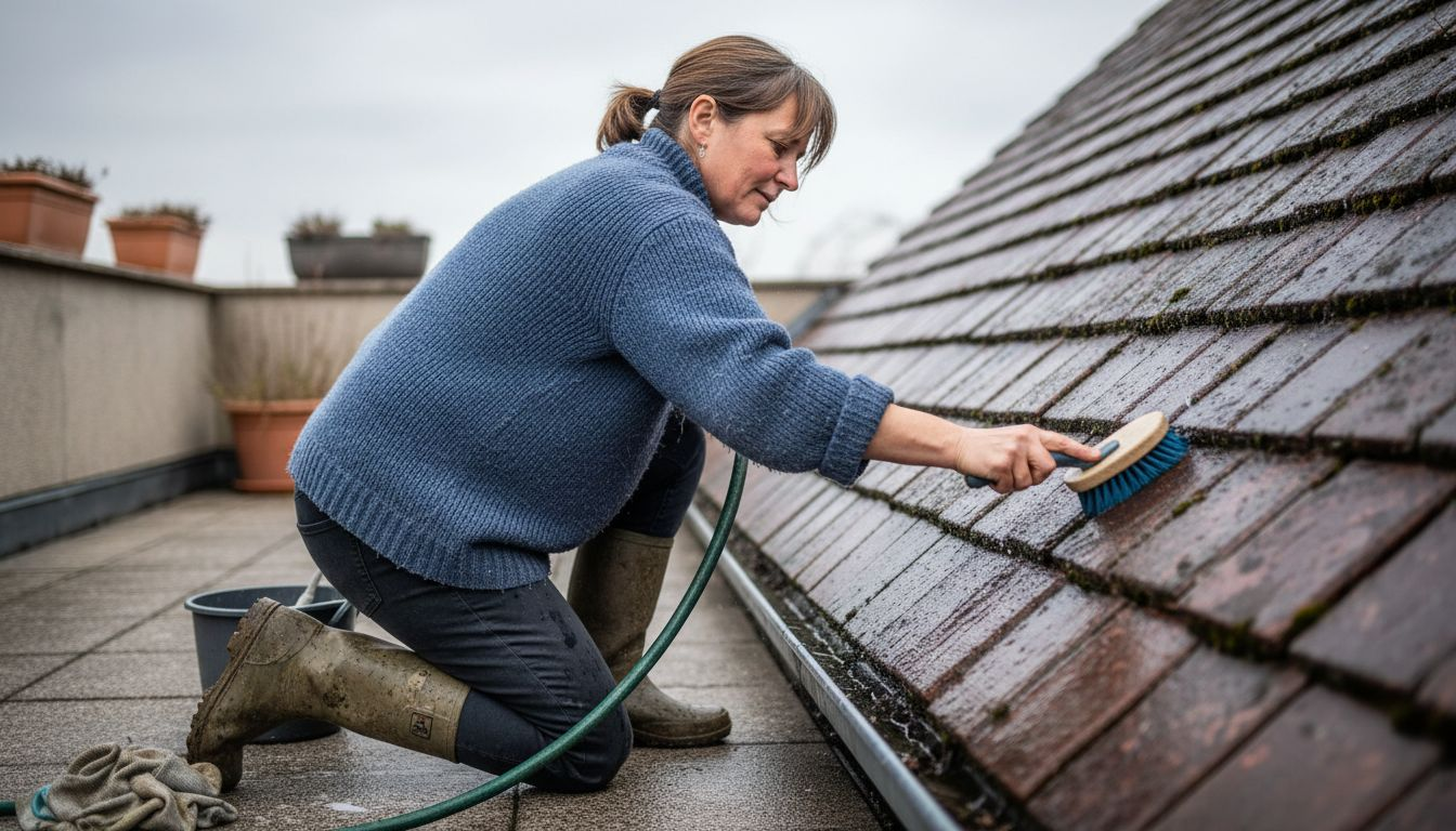 Eine Frau säubert das Dach gründlich mit einer Bürste und einem Gartenschlauch.