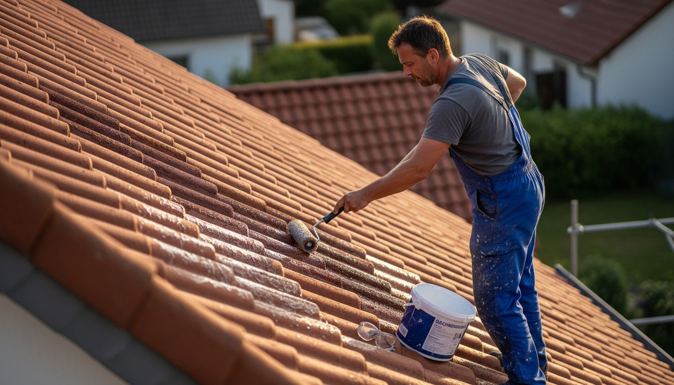 Ein erfahrener Handwerker bringt eine schützende Dachversiegelung auf das Dach eines Reihenhauses auf.