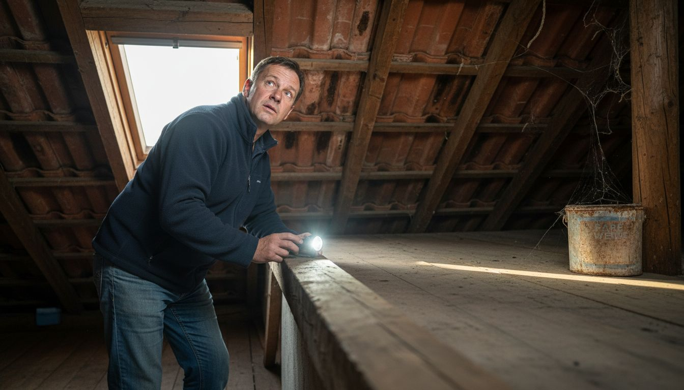 Ein Hauseigentümer entdeckt Feuchtigkeitsschäden, weil sich Moos auf dem Dach gebildet hat.