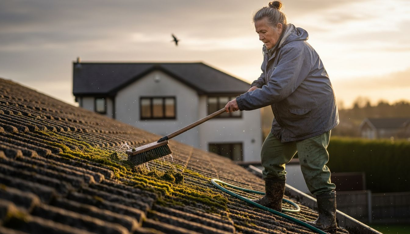 Eine Frau entfernt Moos von den Dachziegeln ihres Hauses.