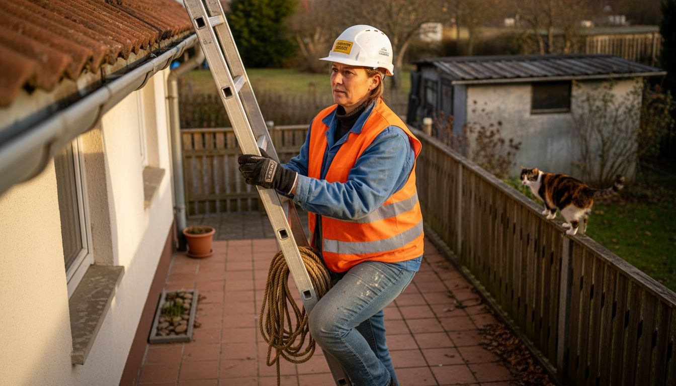 Eine Frau inspiziert das Dach, ausgestattet mit Schutzkleidung und einer Leiter.