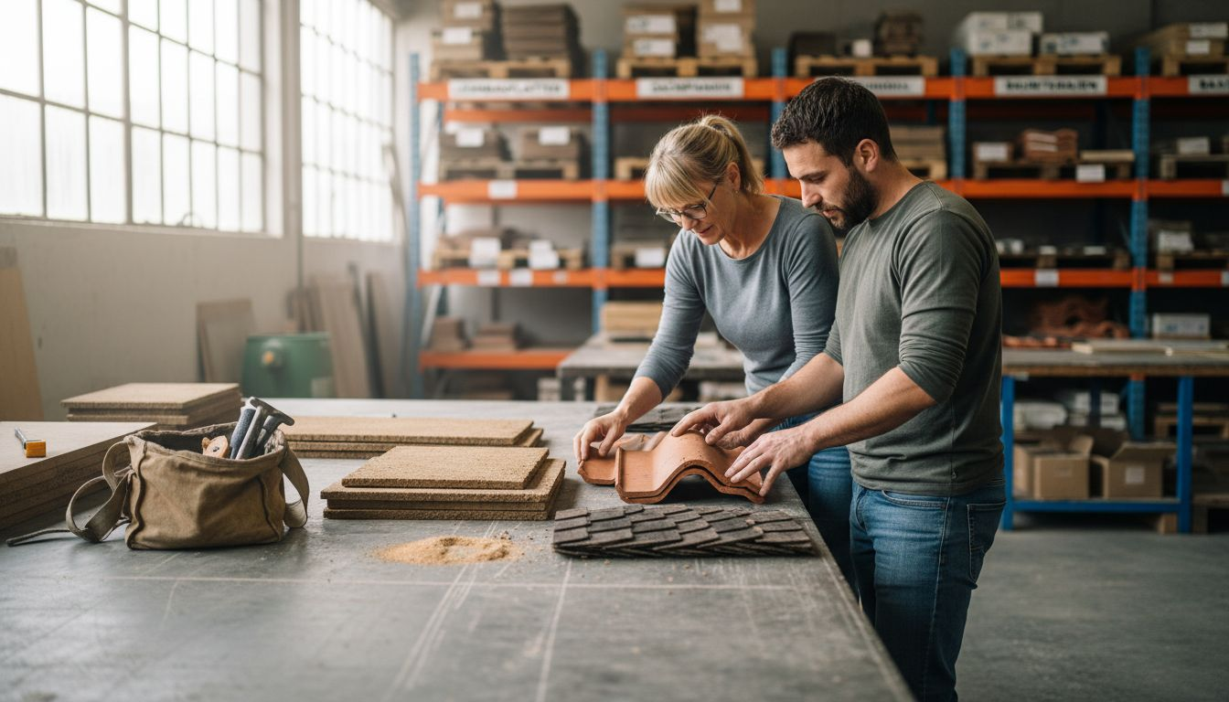 Im Lager begutachten Mitarbeiter verschiedene nachhaltige Dachmaterialien und prüfen deren Qualität.