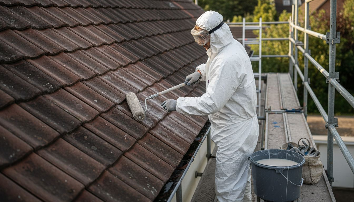 Ein Profi behandelt Dachziegel direkt auf der Baustelle mit einer schützenden Imprägnierung.