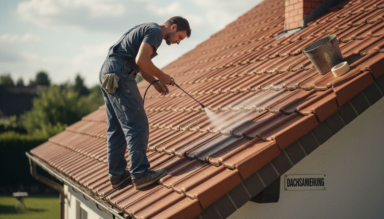 Ein Handwerker trägt eine Schutzschicht auf das Hausdach auf.