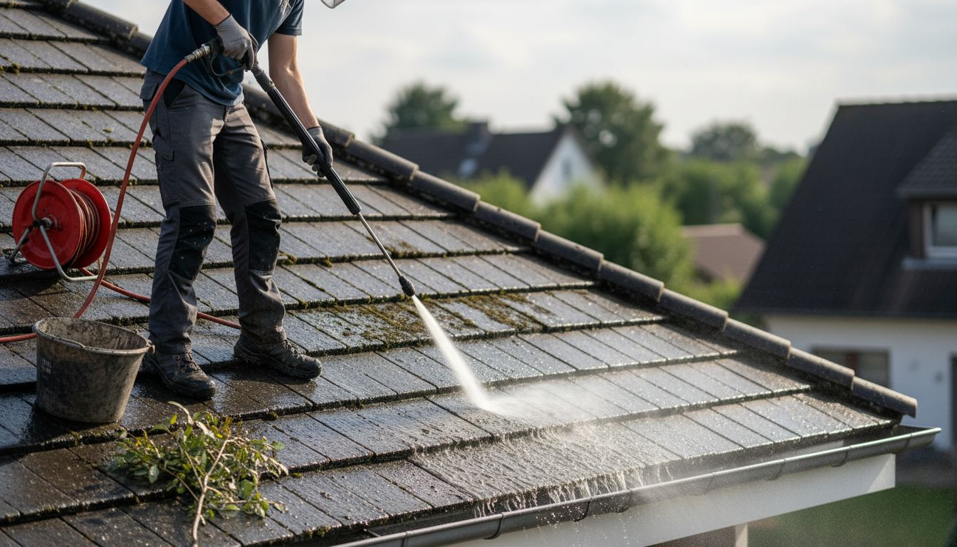 Ein Fachmann entfernt Moos von den Dachziegeln und sorgt dafür, dass das Dach wieder sauber und gepflegt aussieht.
