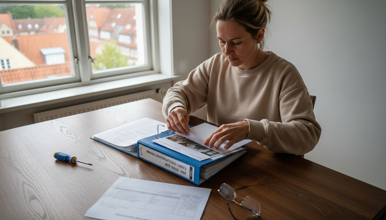 Die Hausverwalterin hält die durchgeführte Dachwartung am eigenen Haus sorgfältig fest.