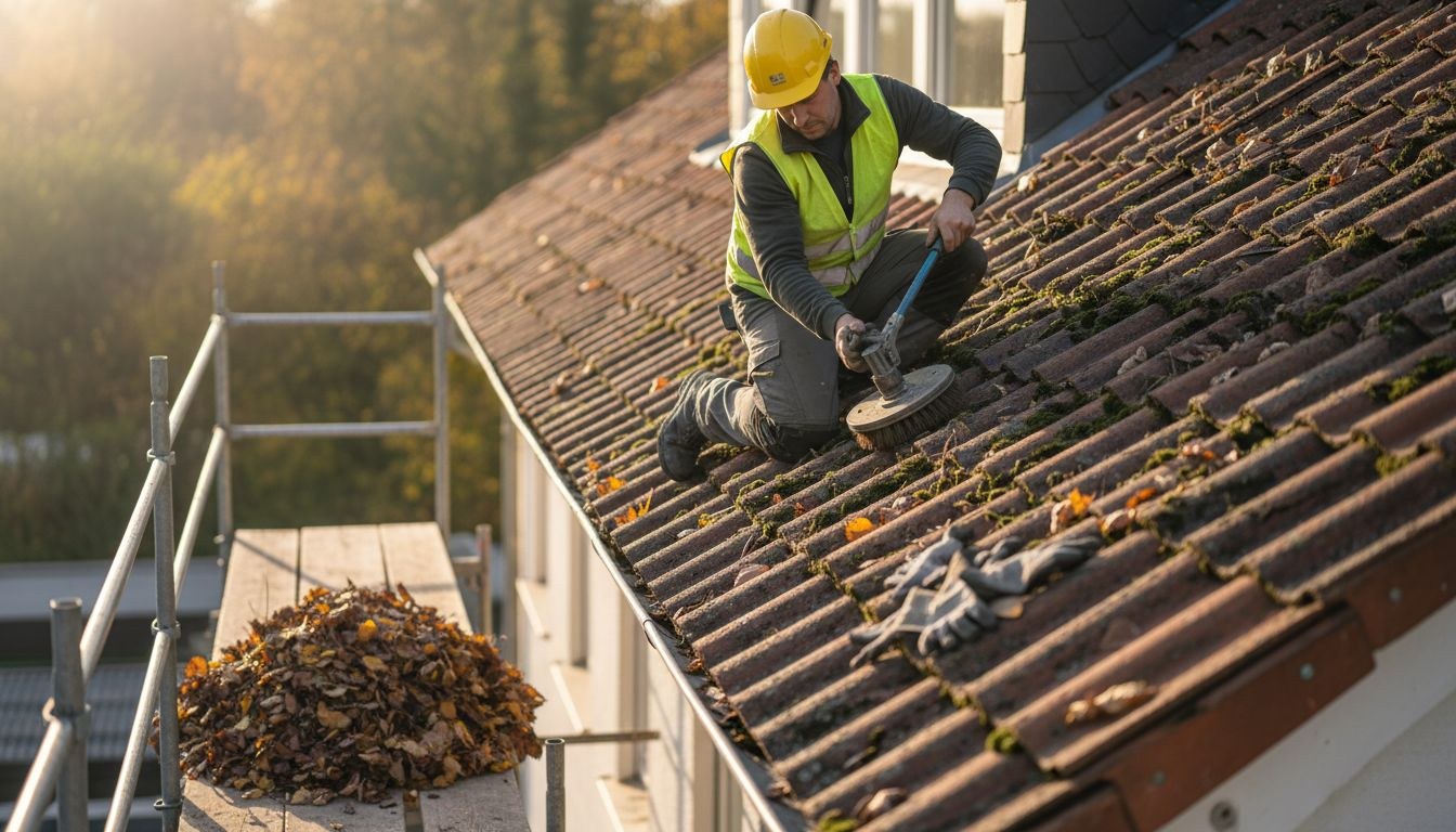 Ein Handwerker säubert die Dachziegel gründlich mit einer Bürste.