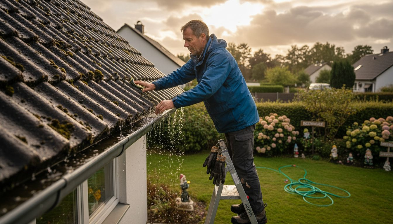 Hausbesitzer sorgt für den Erhalt des Feuchtigkeitsschutzes am Dach.