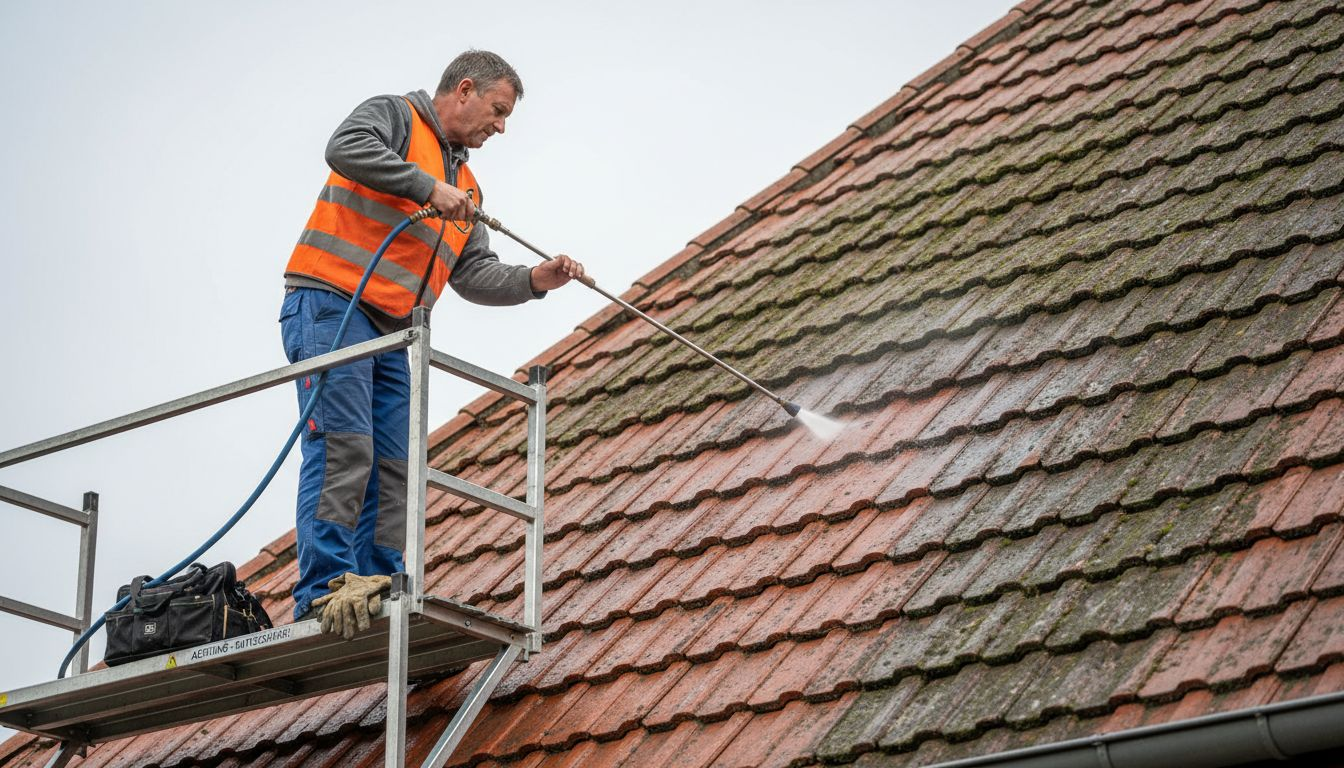 Ein Dachdecker säubert das Dach schonend mit einem Niederdruckreiniger.