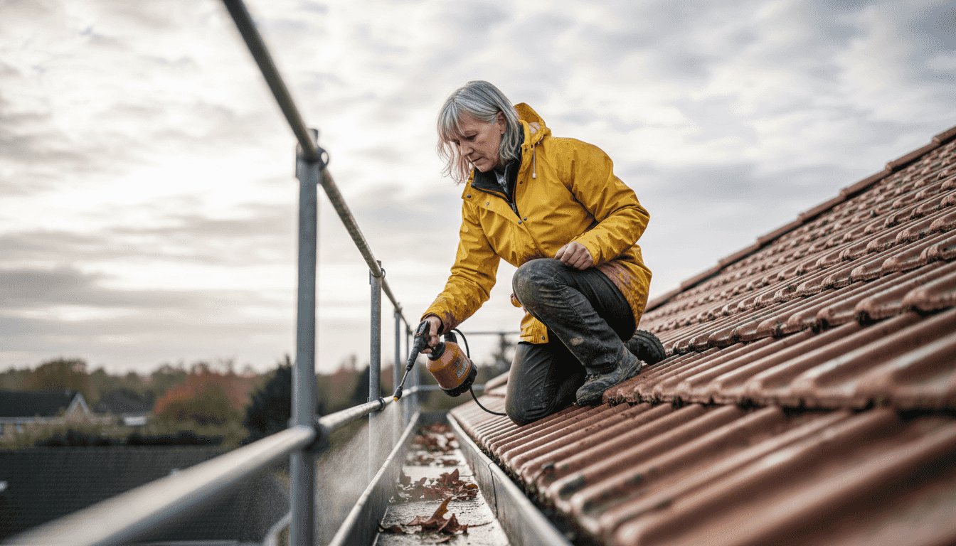 Eine Frau trägt ein umweltfreundliches Reinigungsmittel auf Dachziegel auf.
