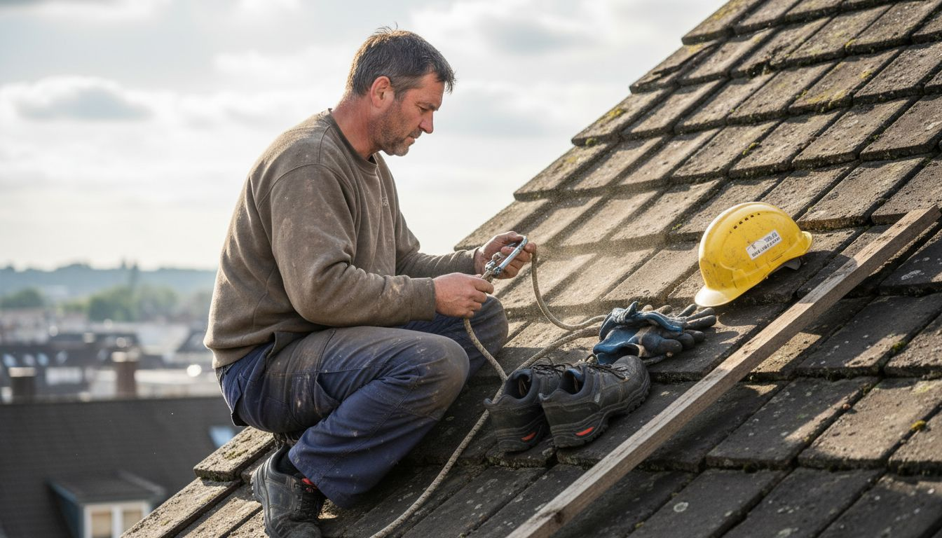 Ein Handwerker überprüft die Dachbeschichtung und trägt dabei die vorgeschriebene Schutzausrüstung.