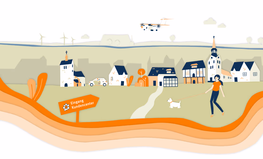 Stadtwerke Wunstorf Illustration – Stadtansicht mit Häusern, Kirche, Kundencenter-Hinweis und Spaziergängerin.