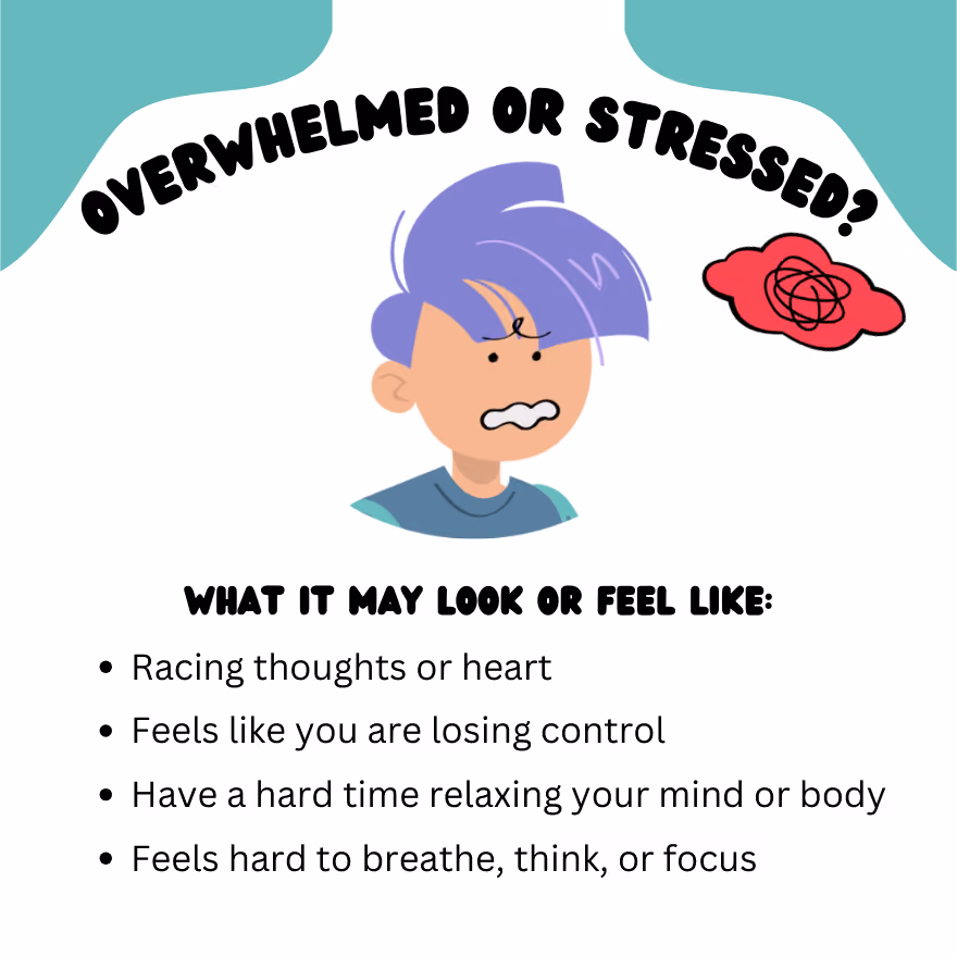 Infographic listing signs of feeling overwhelmed or stressed in students