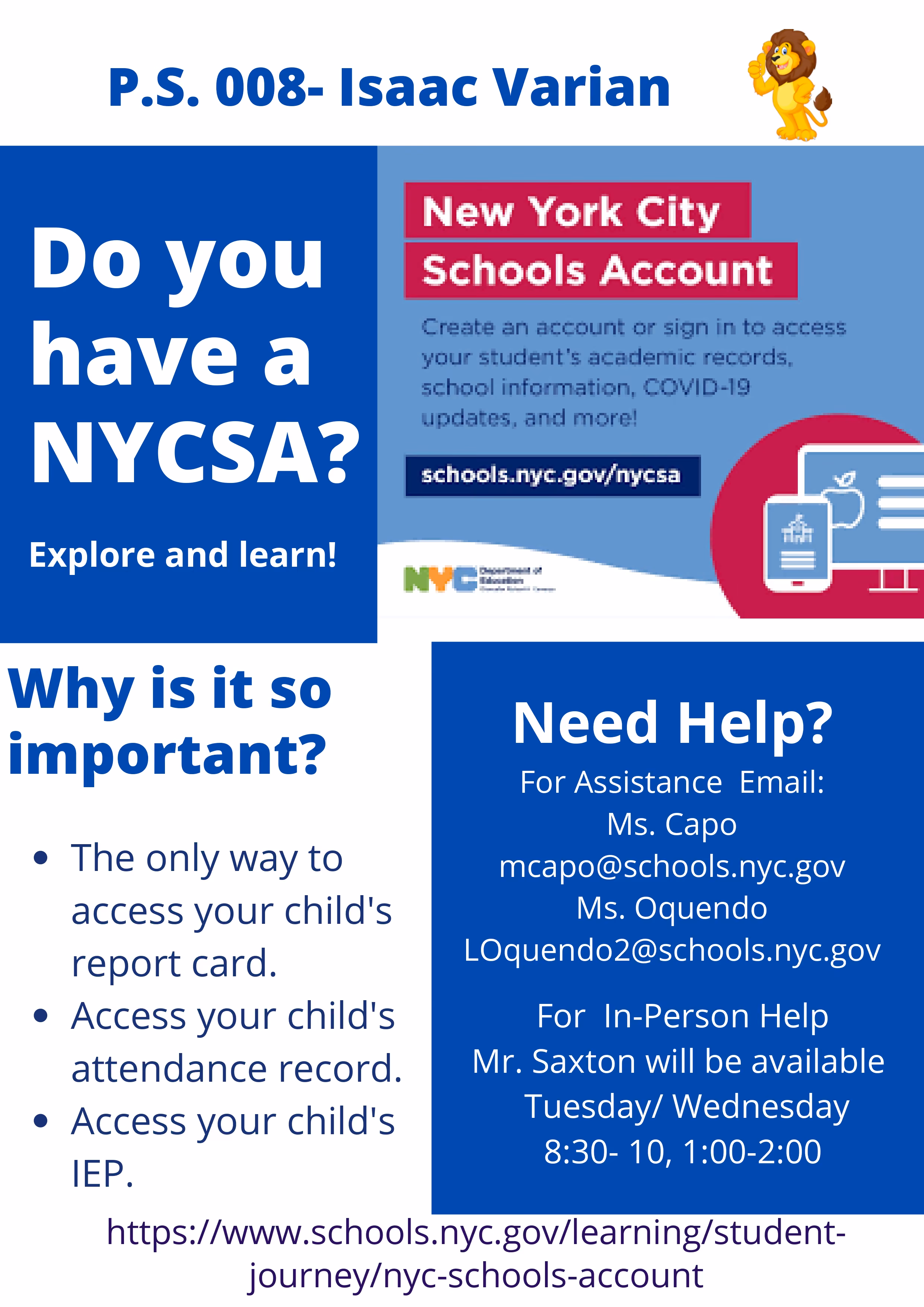 P.S. 008 flyer promoting New York City Schools Account registration
