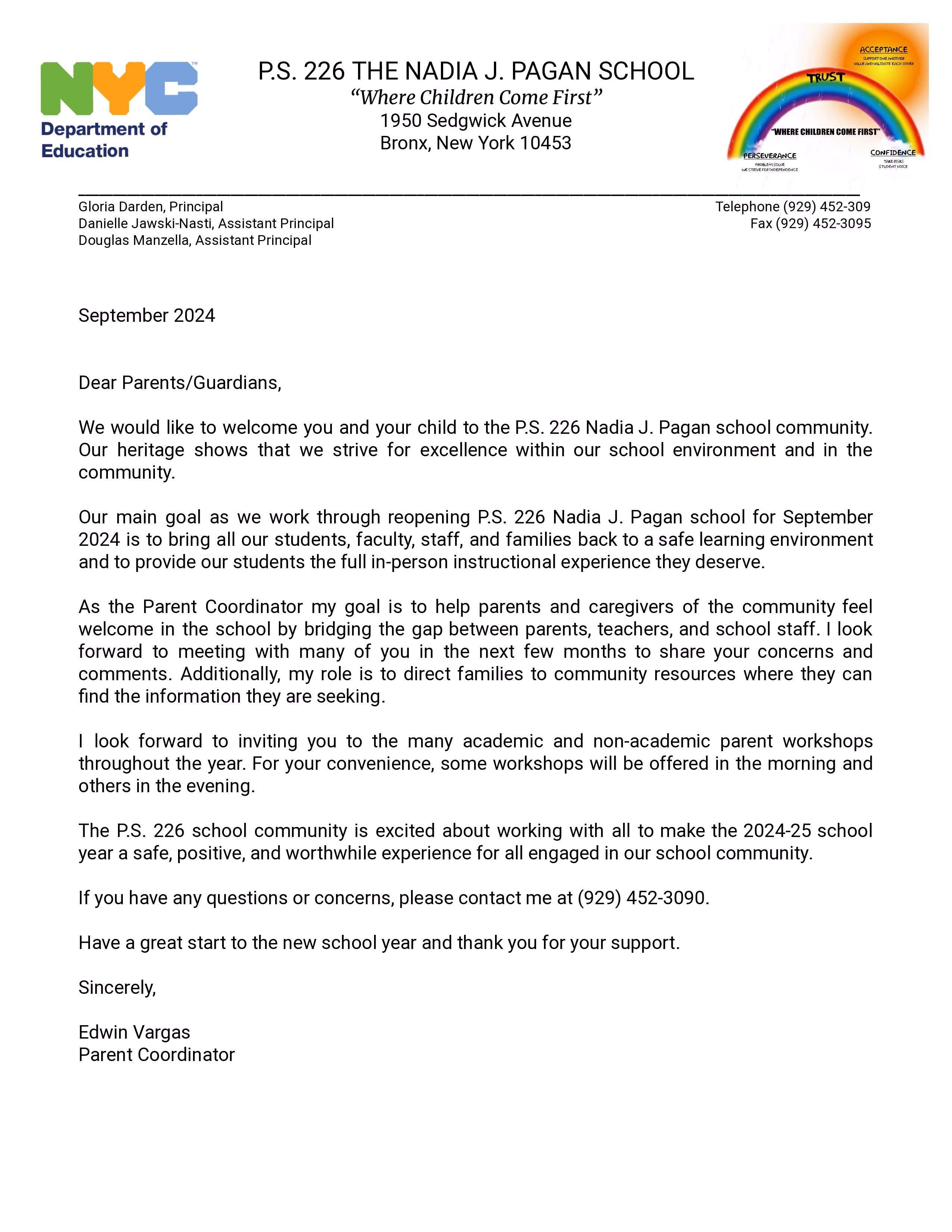 September 2024 parent coordinator welcome letter from PS 226 Bronx