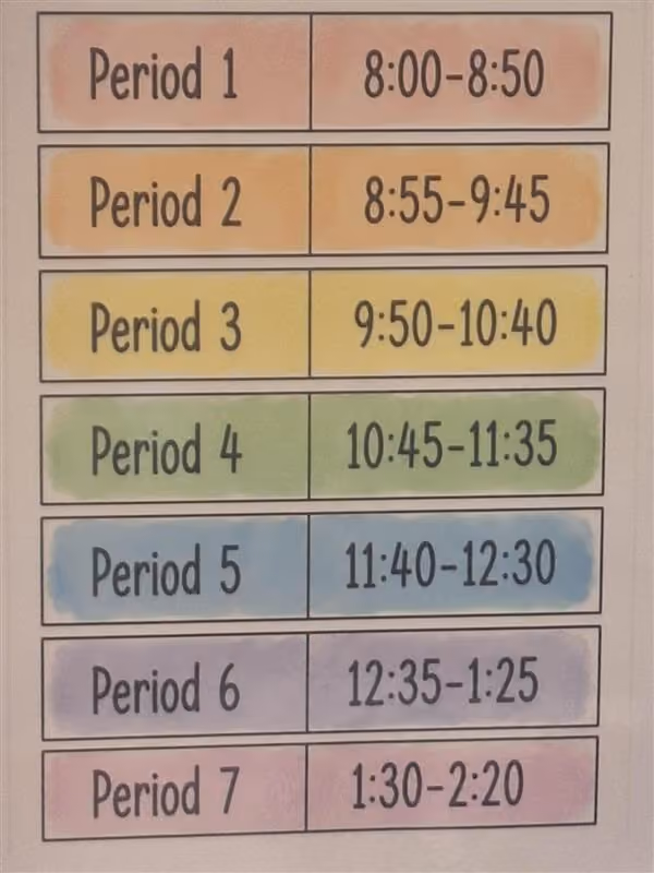 Daily class schedule showing seven periods from 8:00 AM to 2:20 PM