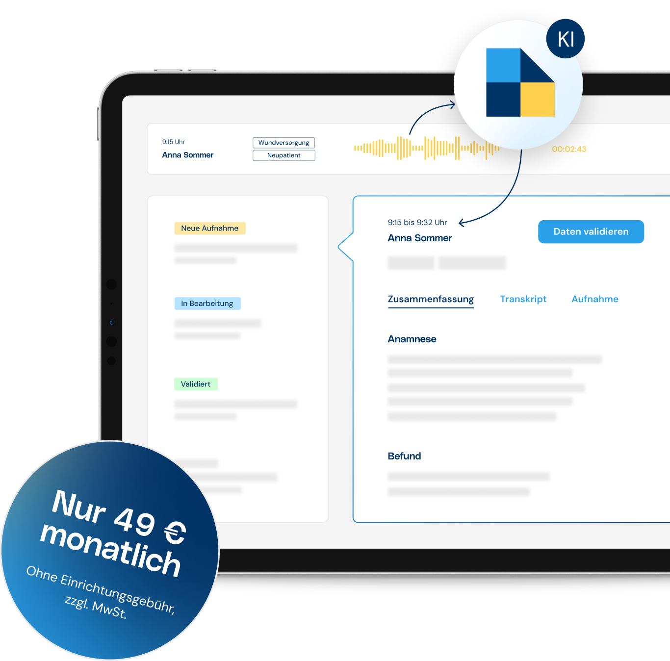 Abstrahierte, grafische Darstellung der KI des CGM one DokuAssistenten, die das Patientengespräch verarbeitet