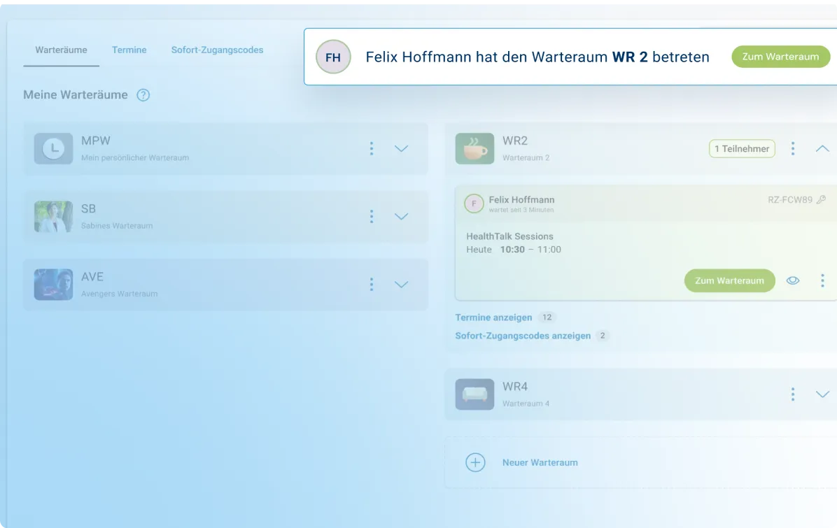 Ansicht des digitalen Warteraums für Patienten in der Videosprechstunde.
