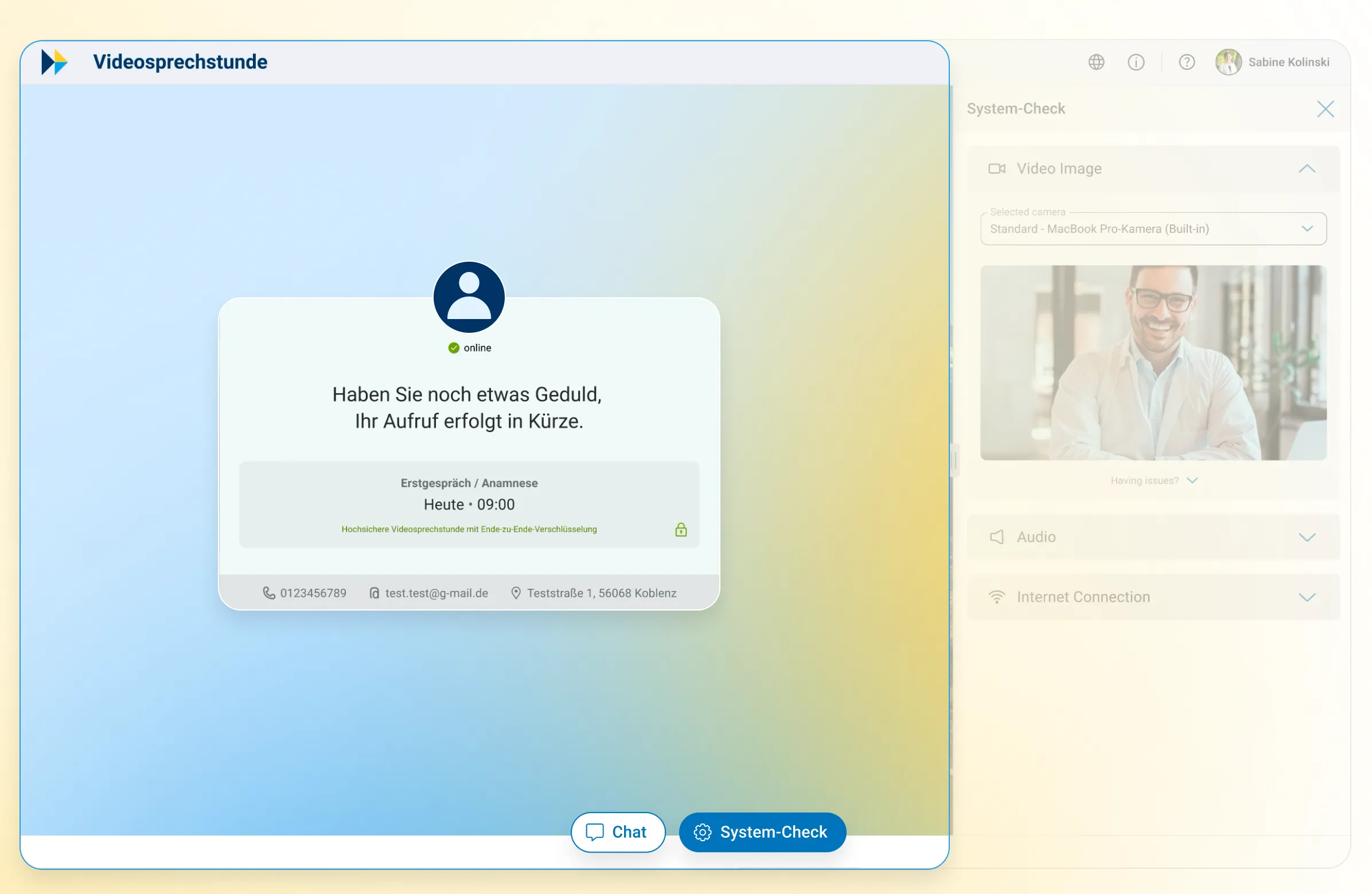 Benutzeroberfläche der Online-Sprechstunde, die sich personalisieren lässt.