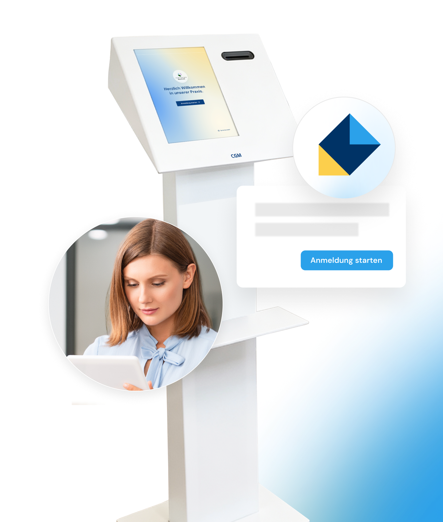 Veranschaulichung des digitalen Check-in-Terminals und einer Frau, die es bedient. 