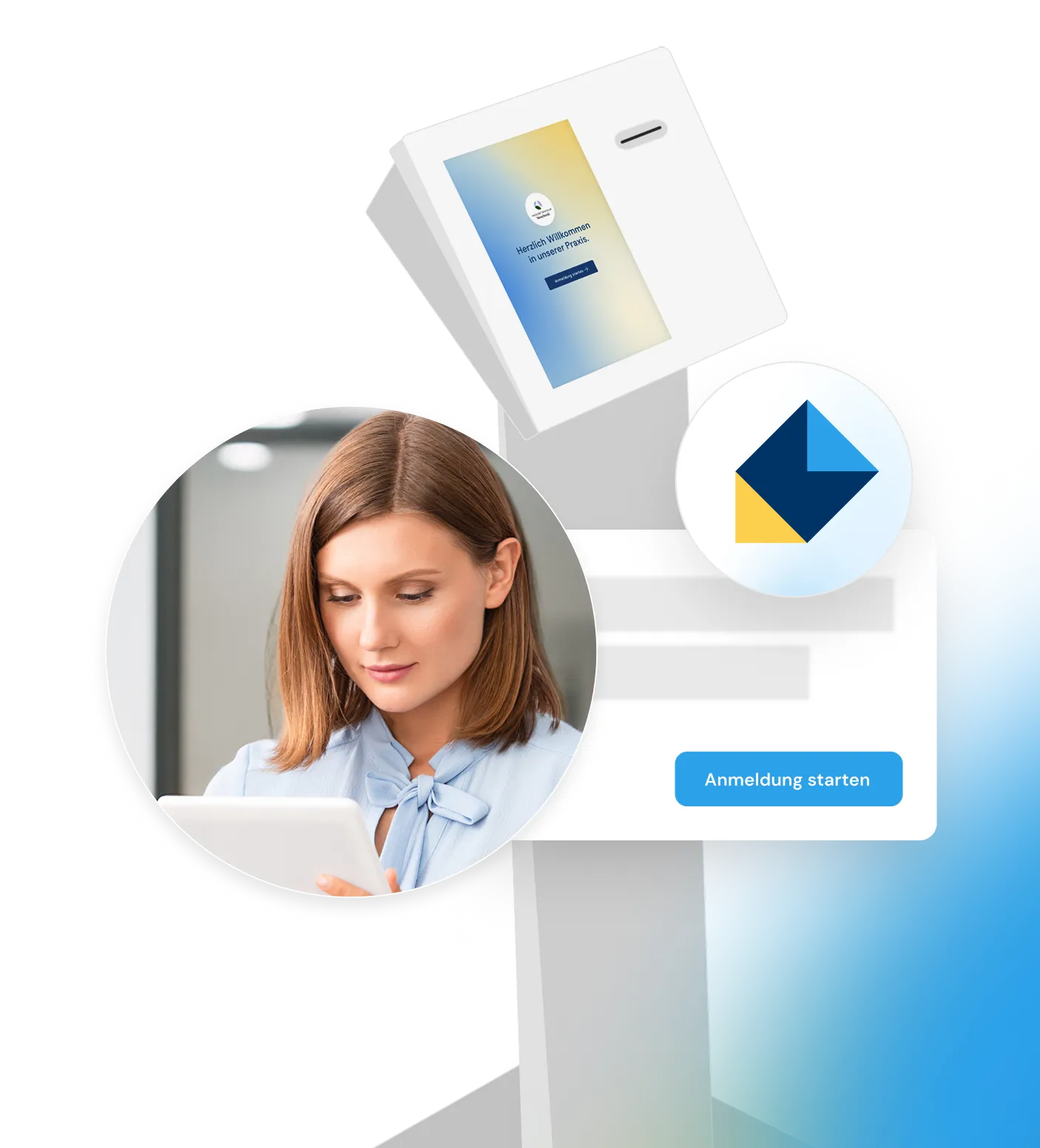 Veranschaulichung des digitalen Check-in-Terminals und einer Frau, die es bedient. 
