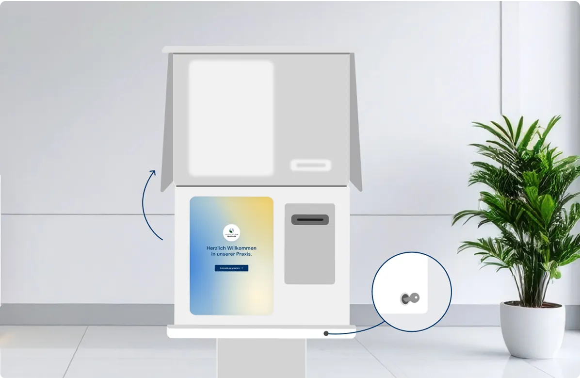 Veranschaulichung des aufklappbaren und abschließbaren Check-in Terminals