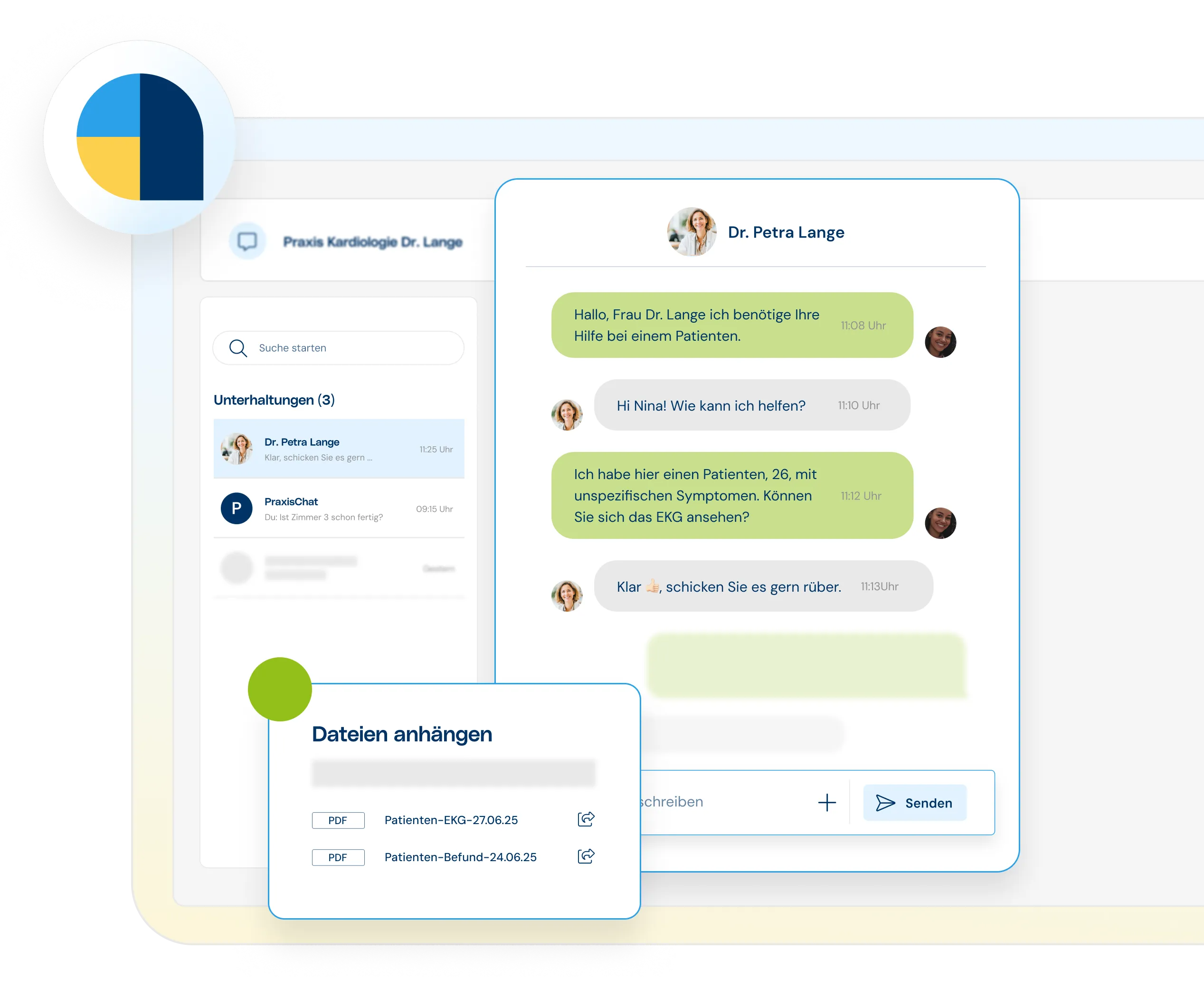 Abstrahierte Darstellung eines Interface mit Chat zwischen zwei Praxen. 