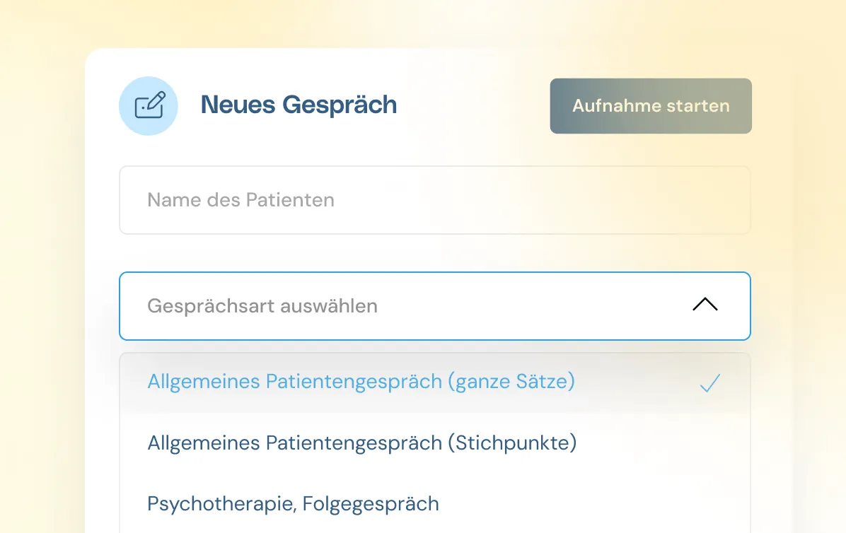 Benutzeroberfläche für ein neues Gespräch mit Eingabefeld für Patientenname und Auswahlmenü für Gesprächsart.