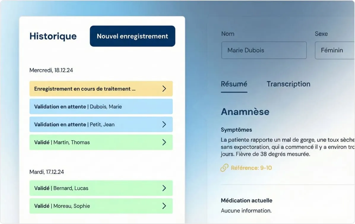 Fonctionnalité avec aperçu de l'historique des entretiens avec les patients.