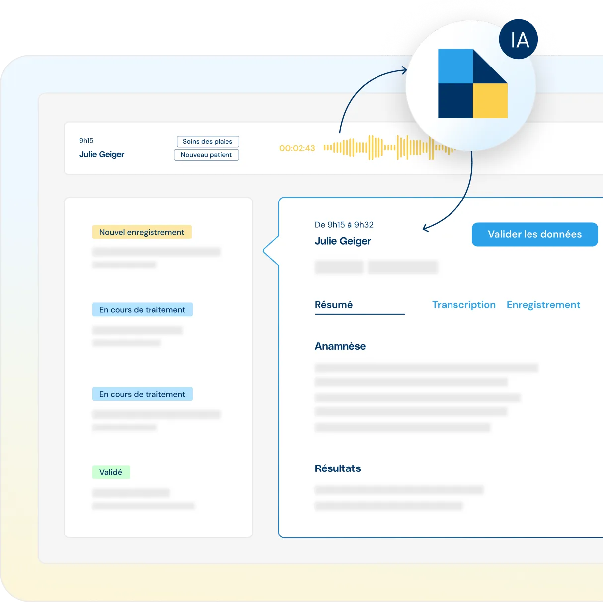 Représentation schématique de l'interface utilisateur de l'assistant dans laquelle on voit l'enregistrement d'un entretien avec un patient.