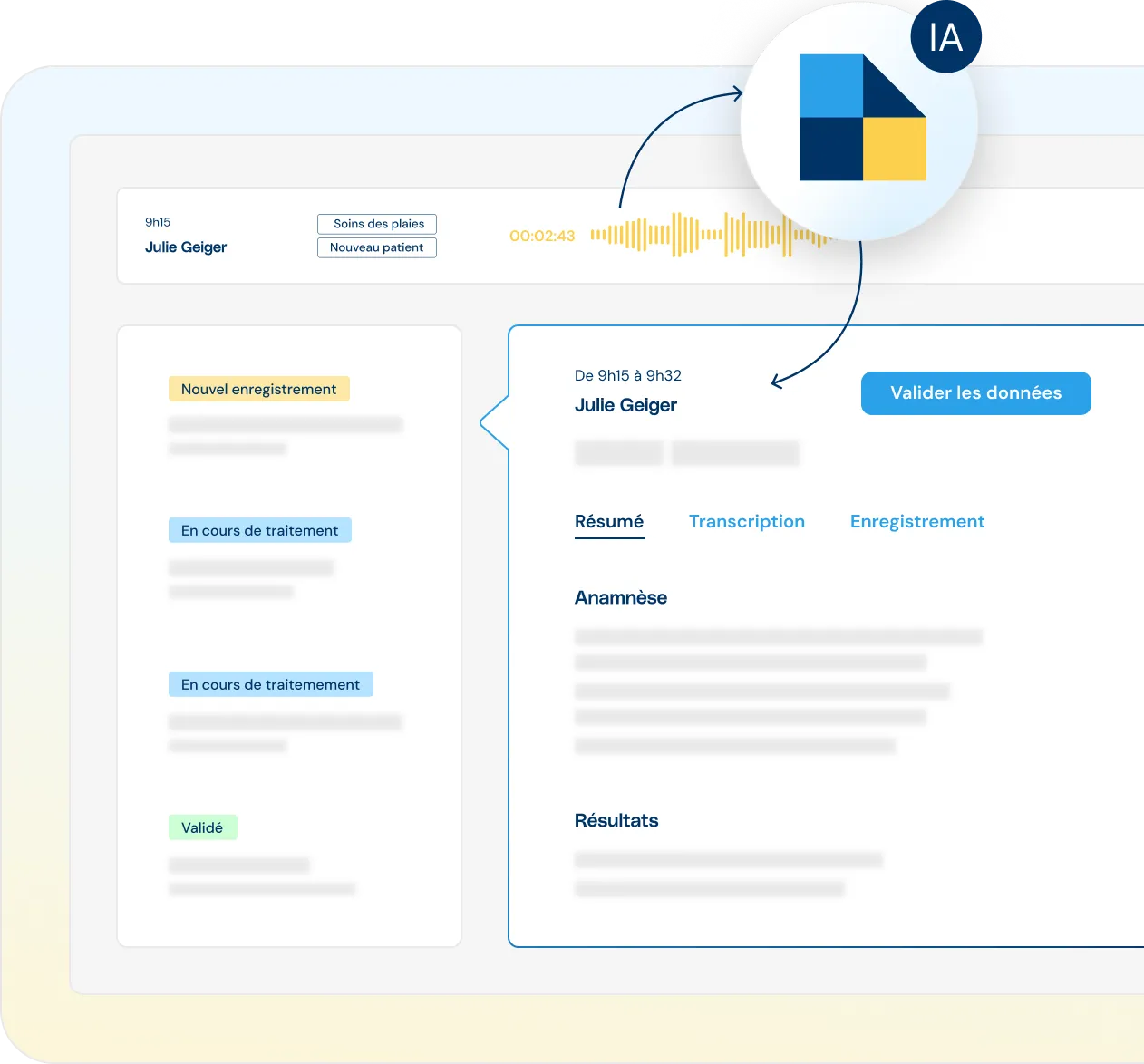 Représentation schématique de l'interface utilisateur de l'assistant dans laquelle on voit l'enregistrement d'un entretien avec un patient.